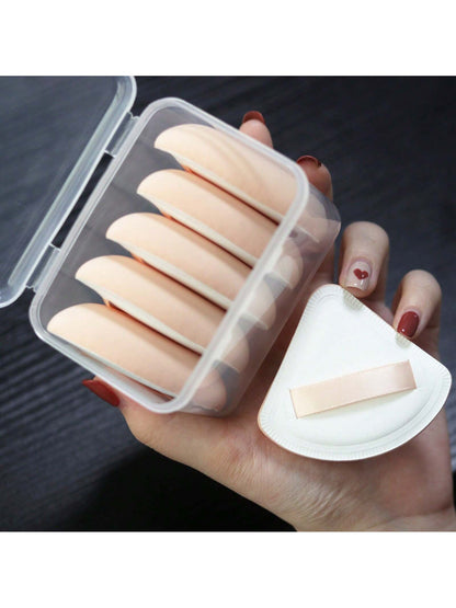 5pcs Round Shape Portable Foundation Powder Puff Drop Shape Beauty Makeup Sponge Blender With Container Triangle Make Up Cosmetic Puff With Case Cushion Puff With Box For Travel Women Makeup Tool,Make