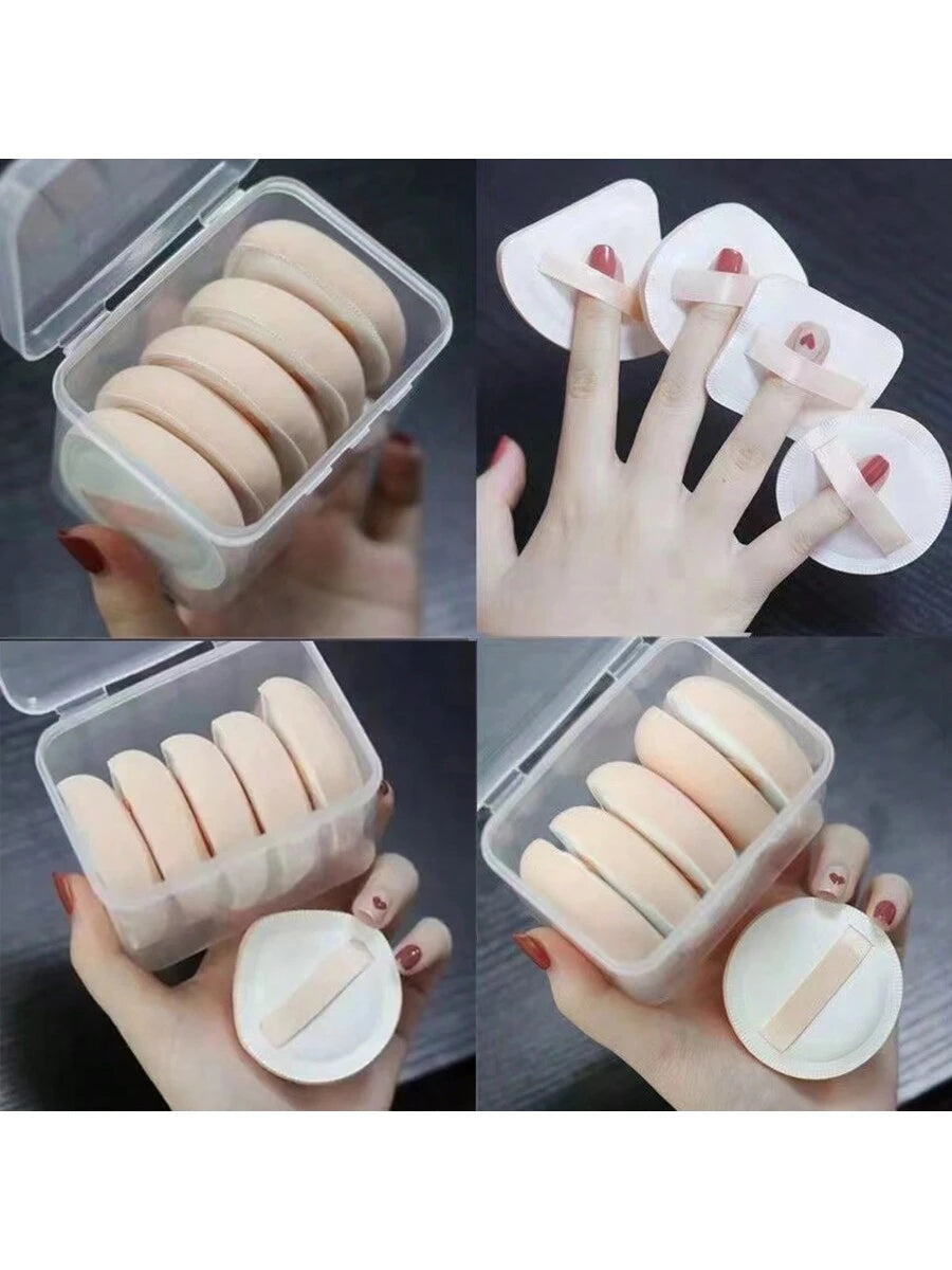 5pcs Round Shape Portable Foundation Powder Puff Drop Shape Beauty Makeup Sponge Blender With Container Triangle Make Up Cosmetic Puff With Case Cushion Puff With Box For Travel Women Makeup Tool,Make