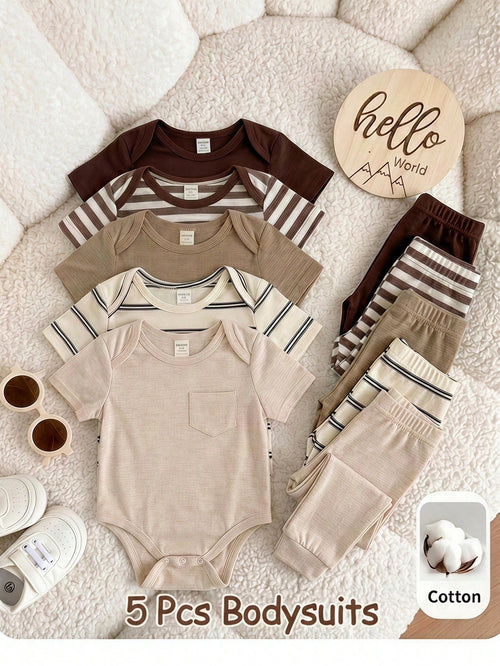 5pcs Set Unisex Newborn Baby Boys Summer Cute Multi-Purpose Knitted Striped Tank Top, Multi-Color Versatile Bodysuit Unisex Baby Clothing Suitable For Spring/Summer Daily Wear, Play, Party, Photo, Bab