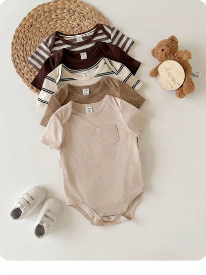5pcs Set Unisex Newborn Baby Boys Summer Cute Multi-Purpose Knitted Striped Tank Top, Multi-Color Versatile Bodysuit Unisex Baby Clothing Suitable For Spring/Summer Daily Wear, Play, Party, Photo, Bab