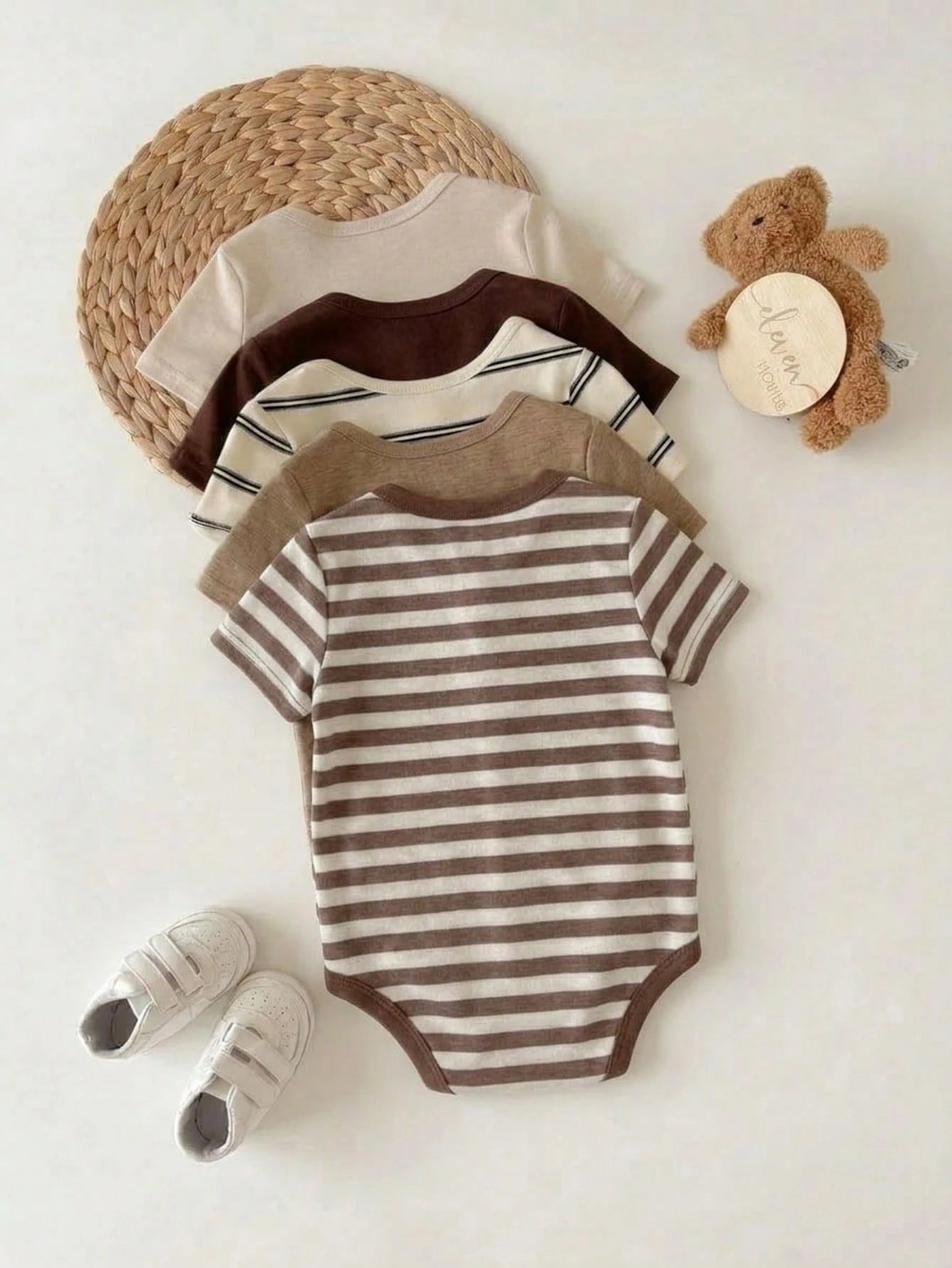 5pcs Set Unisex Newborn Baby Boys Summer Cute Multi-Purpose Knitted Striped Tank Top, Multi-Color Versatile Bodysuit Unisex Baby Clothing Suitable For Spring/Summer Daily Wear, Play, Party, Photo, Bab