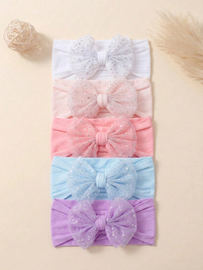 5pcs Summer Candy Color Nylon Bow Elastic Baby Headbands, Skin-Friendly Soft Princess Infant Hair Accessories, Versatile Daily Wear