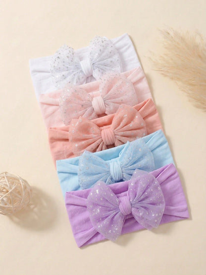 5pcs Summer Candy Color Nylon Bow Elastic Baby Headbands, Skin-Friendly Soft Princess Infant Hair Accessories, Versatile Daily Wear