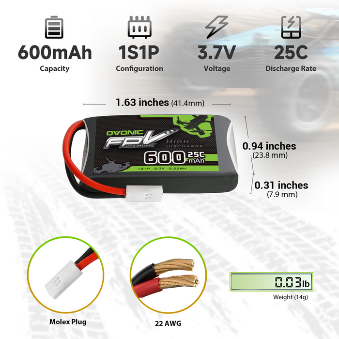 6× OVONIC 3.7V 25C 600mAh 1S LiPo Battery Pack with Molex Plug for Syma & UDI Micro FPV Quadcopters