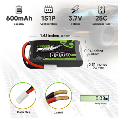 6× OVONIC 3.7V 25C 600mAh 1S LiPo Battery Pack with Molex Plug for Syma & UDI Micro FPV Quadcopters
