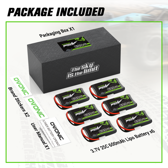 6× OVONIC 3.7V 25C 600mAh 1S LiPo Battery Pack with Molex Plug for Syma & UDI Micro FPV Quadcopters