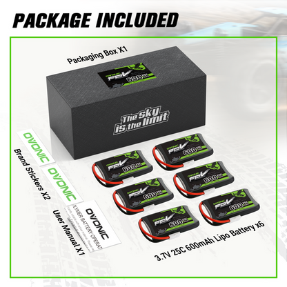 6× OVONIC 3.7V 25C 600mAh 1S LiPo Battery Pack with Molex Plug for Syma & UDI Micro FPV Quadcopters