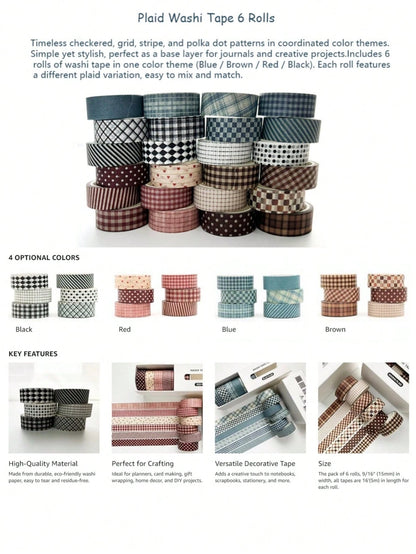 6 Rolls Vintage Plaid Washi Tape Set, Vintage Aesthetic Decorative Paper Tape Suitable For Scrapbooking, Journals, Diaries, Art Creation, Handmade Crafts, Student Back To School Decoration Supplies