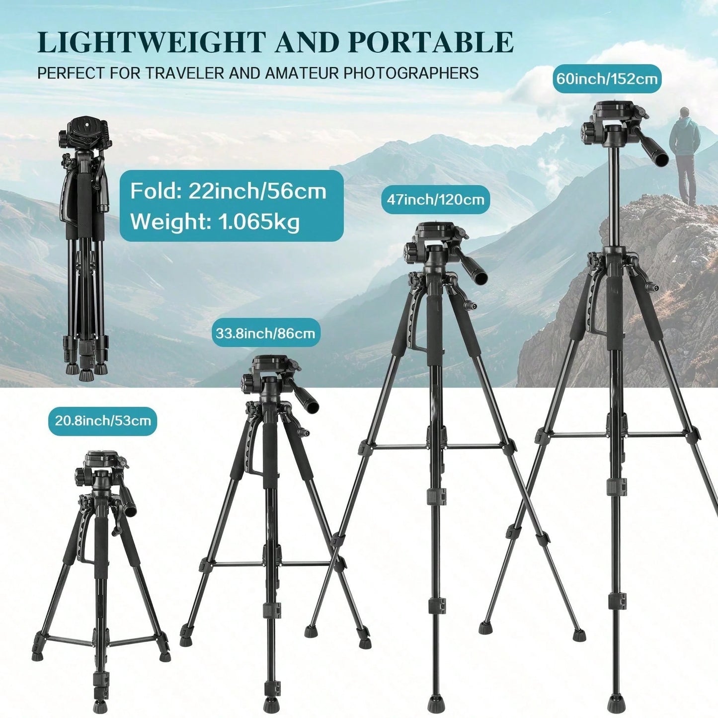 60 Inch Aluminum Camera&Phone Tripod- Expandable, Lightweight, Travel Friendly Stand, Portable Tripod With Phone Holder- Perfect For Content Creators, Social Media Influencers, Video Bloggers, And T