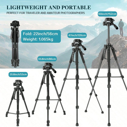 60 Inch Aluminum Camera&Phone Tripod- Expandable, Lightweight, Travel Friendly Stand, Portable Tripod With Phone Holder- Perfect For Content Creators, Social Media Influencers, Video Bloggers, And T