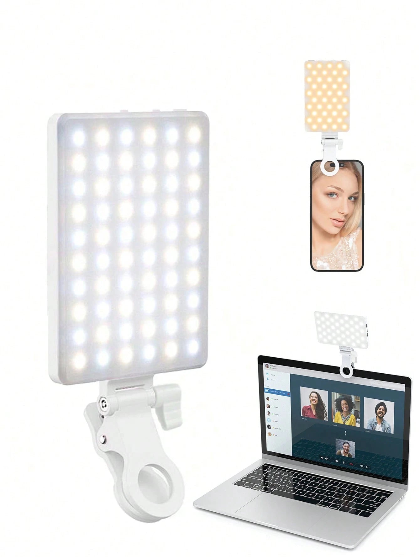 60 LED High Power Rechargeable Clip Fill Video Conference Light With Front & Back Clip, Adjusted 3 Light Modes For Phone,, Android, IPad, Laptop, For Makeup,Selfie, Vlog