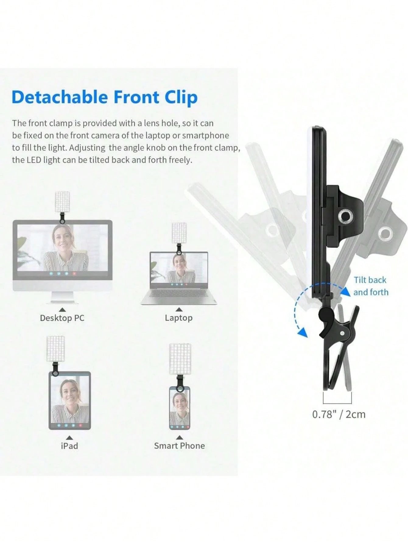 60 LED High Power Rechargeable Clip Fill Video Conference Light With Front & Back Clip, Adjusted 3 Light Modes For Phone,, Android, IPad, Laptop, For Makeup,Selfie, Vlog