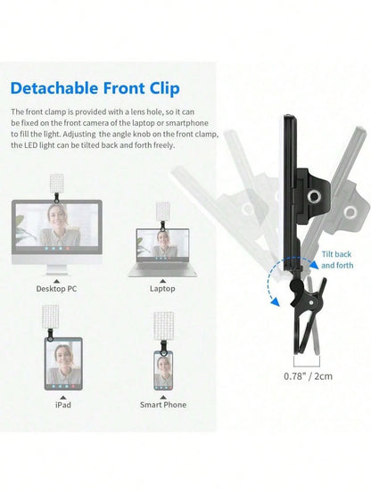 60 LED High Power Rechargeable Clip Fill Video Conference Light With Front & Back Clip, Adjusted 3 Light Modes For Phone,, Android, IPad, Laptop, For Makeup,Selfie, Vlog