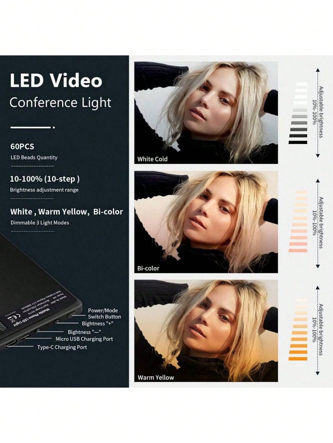 60 LED High Power Rechargeable Clip Fill Video Conference Light With Front & Back Clip, Adjusted 3 Light Modes For Phone,, Android, IPad, Laptop, For Makeup,Selfie, Vlog