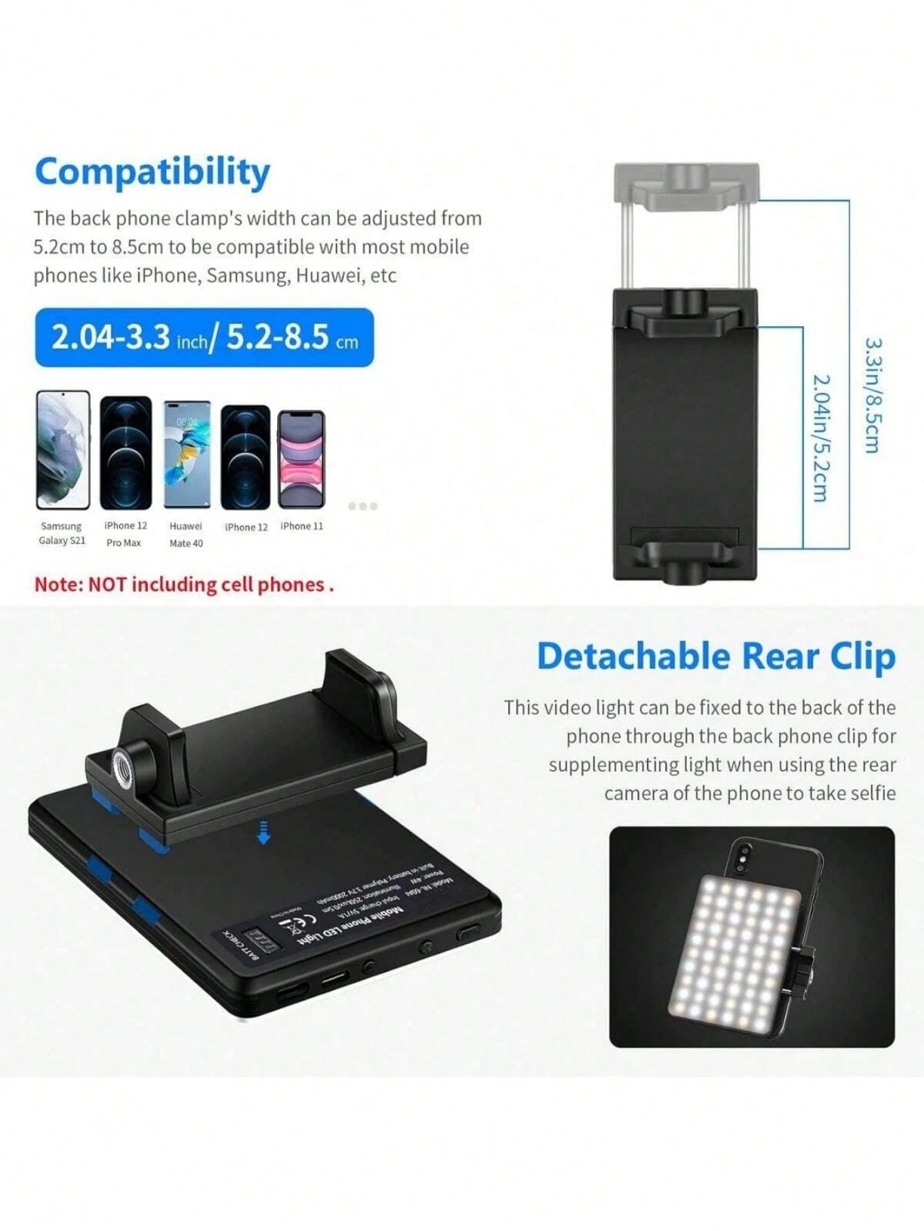 60 LED High Power Rechargeable Clip Fill Video Conference Light With Front & Back Clip, Adjusted 3 Light Modes For Phone,, Android, IPad, Laptop, For Makeup,Selfie, Vlog