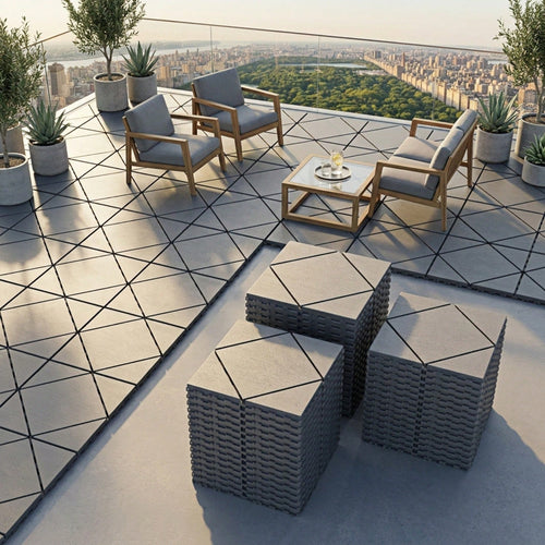 60-Piece Interlocking Deck Tiles Set, 44 Pack All-Weather Composite Patio Pavers With 12 Edge Strips & 4 Corners, DIY Snap-Together Flooring For Backyard, Balcony, Porch And Poolside, Grey