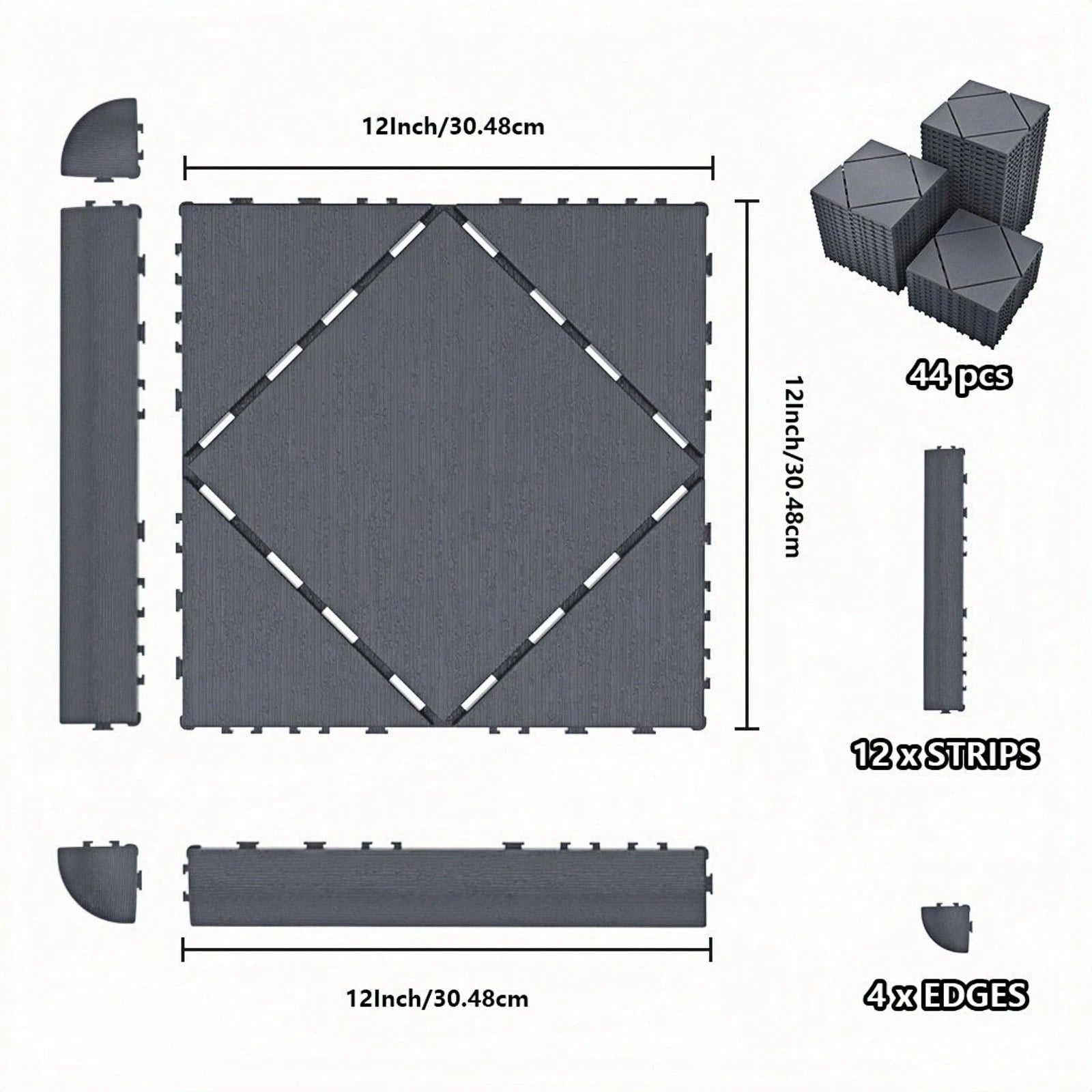 60-Piece Interlocking Deck Tiles Set, 44 Pack All-Weather Composite Patio Pavers With 12 Edge Strips & 4 Corners, DIY Snap-Together Flooring For Backyard, Balcony, Porch And Poolside, Grey