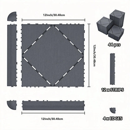 60-Piece Interlocking Deck Tiles Set, 44 Pack All-Weather Composite Patio Pavers With 12 Edge Strips & 4 Corners, DIY Snap-Together Flooring For Backyard, Balcony, Porch And Poolside, Grey