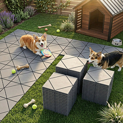 60-Piece Interlocking Deck Tiles Set, 44 Pack All-Weather Composite Patio Pavers With 12 Edge Strips & 4 Corners, DIY Snap-Together Flooring For Backyard, Balcony, Porch And Poolside, Grey
