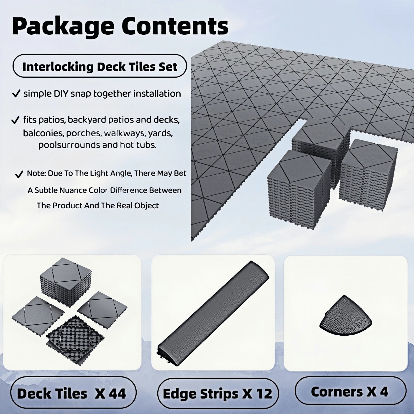 60-Piece Interlocking Deck Tiles Set, 44 Pack All-Weather Composite Patio Pavers With 12 Edge Strips & 4 Corners, DIY Snap-Together Flooring For Backyard, Balcony, Porch And Poolside, Grey