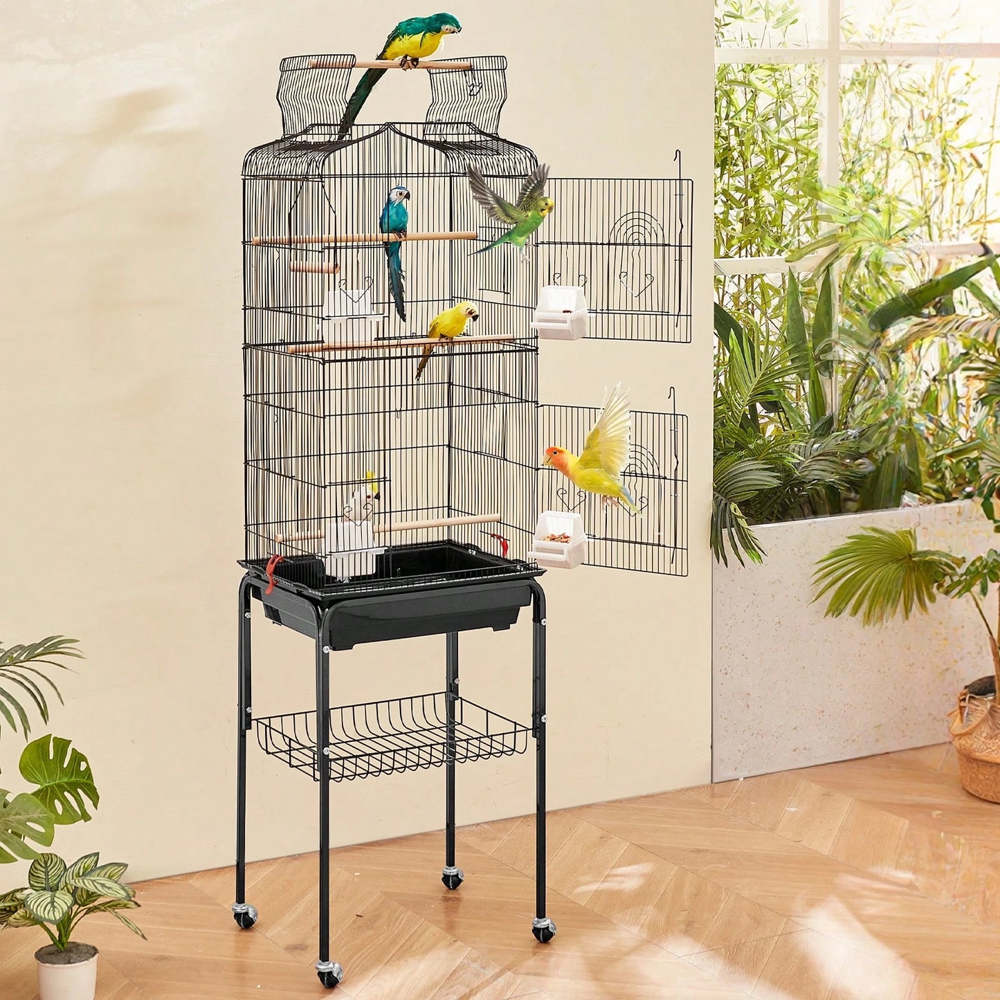 64-Inch Open Top Large Parrot Bird Cage With Detachable Rolling Stand For Parakeets Finches Canaries Lovebirds Cockatiels Budgies Small Quaker Conures Flight Birdcage With Swing And Perch
