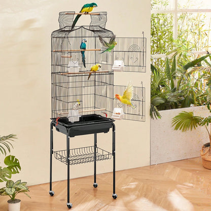 64-Inch Open Top Large Parrot Bird Cage With Detachable Rolling Stand For Parakeets Finches Canaries Lovebirds Cockatiels Budgies Small Quaker Conures Flight Birdcage With Swing And Perch