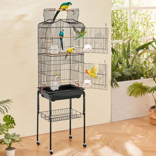 64-Inch Open Top Large Parrot Bird Cage With Detachable Rolling Stand For Parakeets Finches Canaries Lovebirds Cockatiels Budgies Small Quaker Conures Flight Birdcage With Swing And Perch