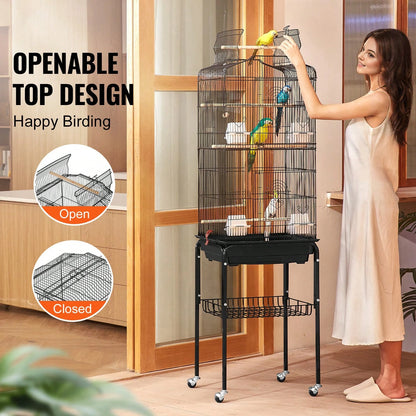 64-Inch Open Top Large Parrot Bird Cage With Detachable Rolling Stand For Parakeets Finches Canaries Lovebirds Cockatiels Budgies Small Quaker Conures Flight Birdcage With Swing And Perch