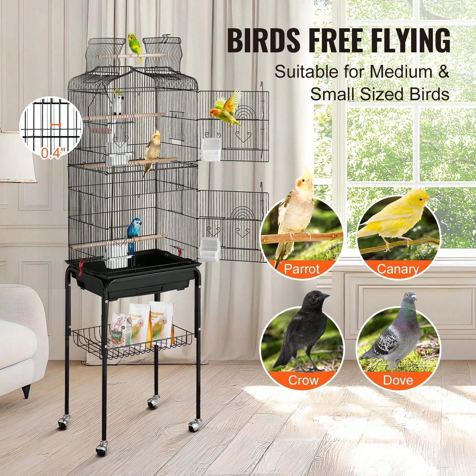 64-Inch Open Top Large Parrot Bird Cage With Detachable Rolling Stand For Parakeets Finches Canaries Lovebirds Cockatiels Budgies Small Quaker Conures Flight Birdcage With Swing And Perch