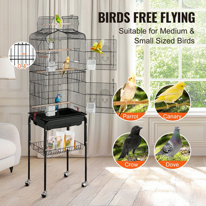64-Inch Open Top Large Parrot Bird Cage With Detachable Rolling Stand For Parakeets Finches Canaries Lovebirds Cockatiels Budgies Small Quaker Conures Flight Birdcage With Swing And Perch