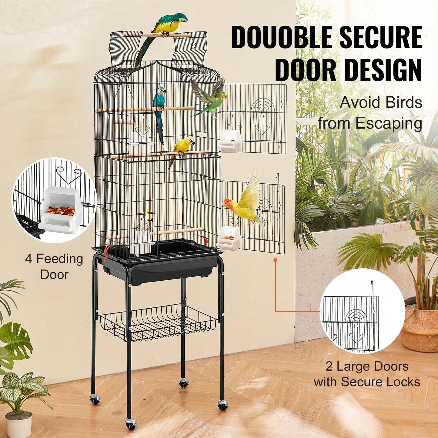 64-Inch Open Top Large Parrot Bird Cage With Detachable Rolling Stand For Parakeets Finches Canaries Lovebirds Cockatiels Budgies Small Quaker Conures Flight Birdcage With Swing And Perch