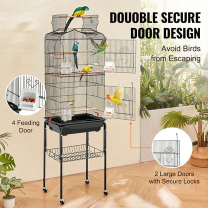 64-Inch Open Top Large Parrot Bird Cage With Detachable Rolling Stand For Parakeets Finches Canaries Lovebirds Cockatiels Budgies Small Quaker Conures Flight Birdcage With Swing And Perch