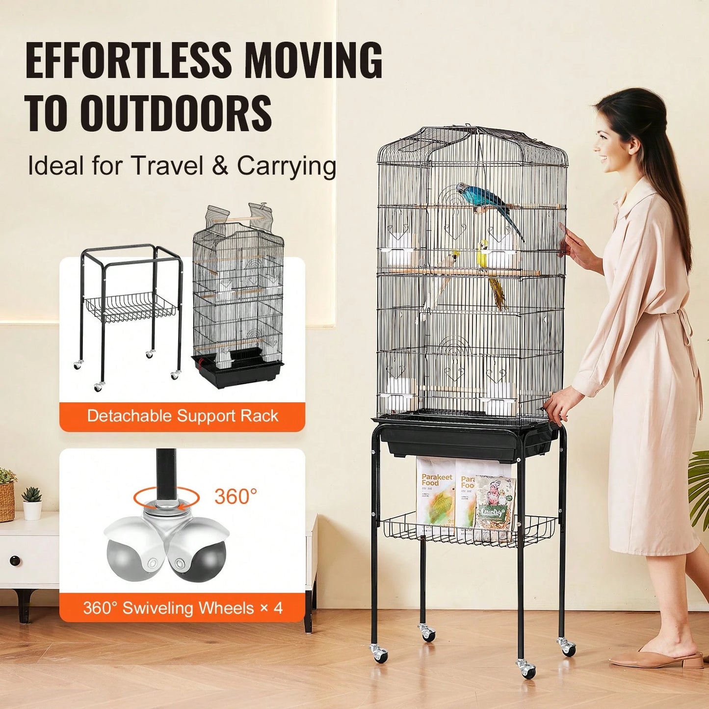 64-Inch Open Top Large Parrot Bird Cage With Detachable Rolling Stand For Parakeets Finches Canaries Lovebirds Cockatiels Budgies Small Quaker Conures Flight Birdcage With Swing And Perch