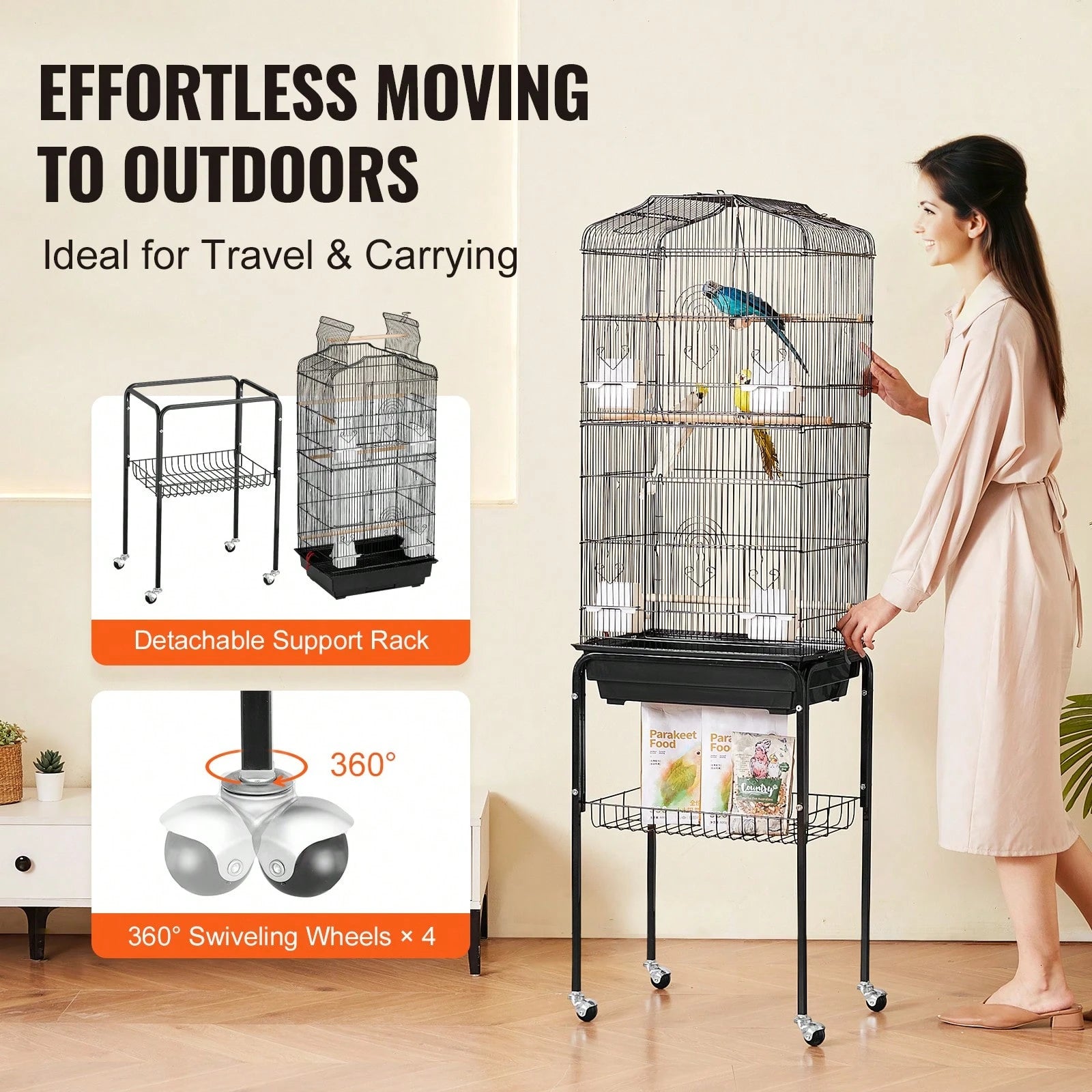 64-Inch Open Top Large Parrot Bird Cage With Detachable Rolling Stand For Parakeets Finches Canaries Lovebirds Cockatiels Budgies Small Quaker Conures Flight Birdcage With Swing And Perch