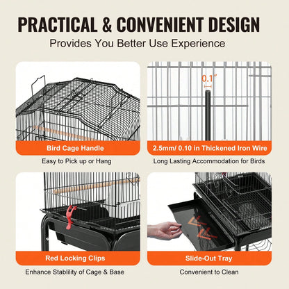 64-Inch Open Top Large Parrot Bird Cage With Detachable Rolling Stand For Parakeets Finches Canaries Lovebirds Cockatiels Budgies Small Quaker Conures Flight Birdcage With Swing And Perch
