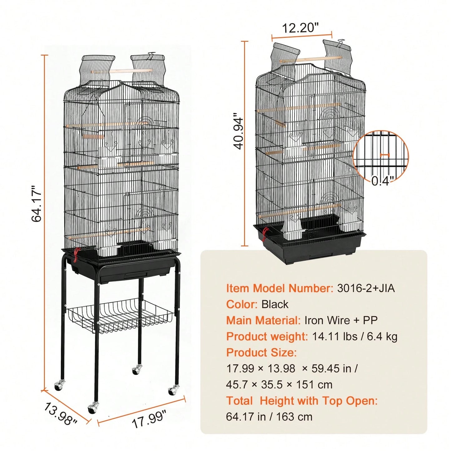64-Inch Open Top Large Parrot Bird Cage With Detachable Rolling Stand For Parakeets Finches Canaries Lovebirds Cockatiels Budgies Small Quaker Conures Flight Birdcage With Swing And Perch