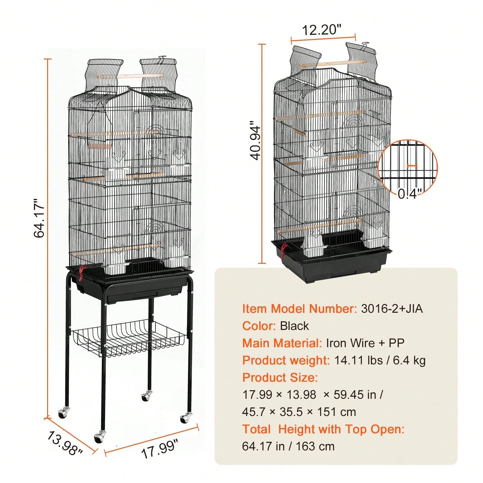 64-Inch Open Top Large Parrot Bird Cage With Detachable Rolling Stand For Parakeets Finches Canaries Lovebirds Cockatiels Budgies Small Quaker Conures Flight Birdcage With Swing And Perch