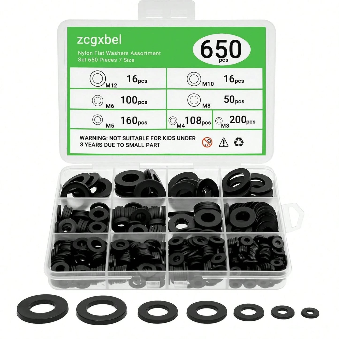 650-Pieces Nylon Flat Washer For Screws Bolts, 7 Sizes Black Plastic Washers Assortment Kit (M3-M12), Assorted Screw Washers Washer Set For Household &Amp; Commercial