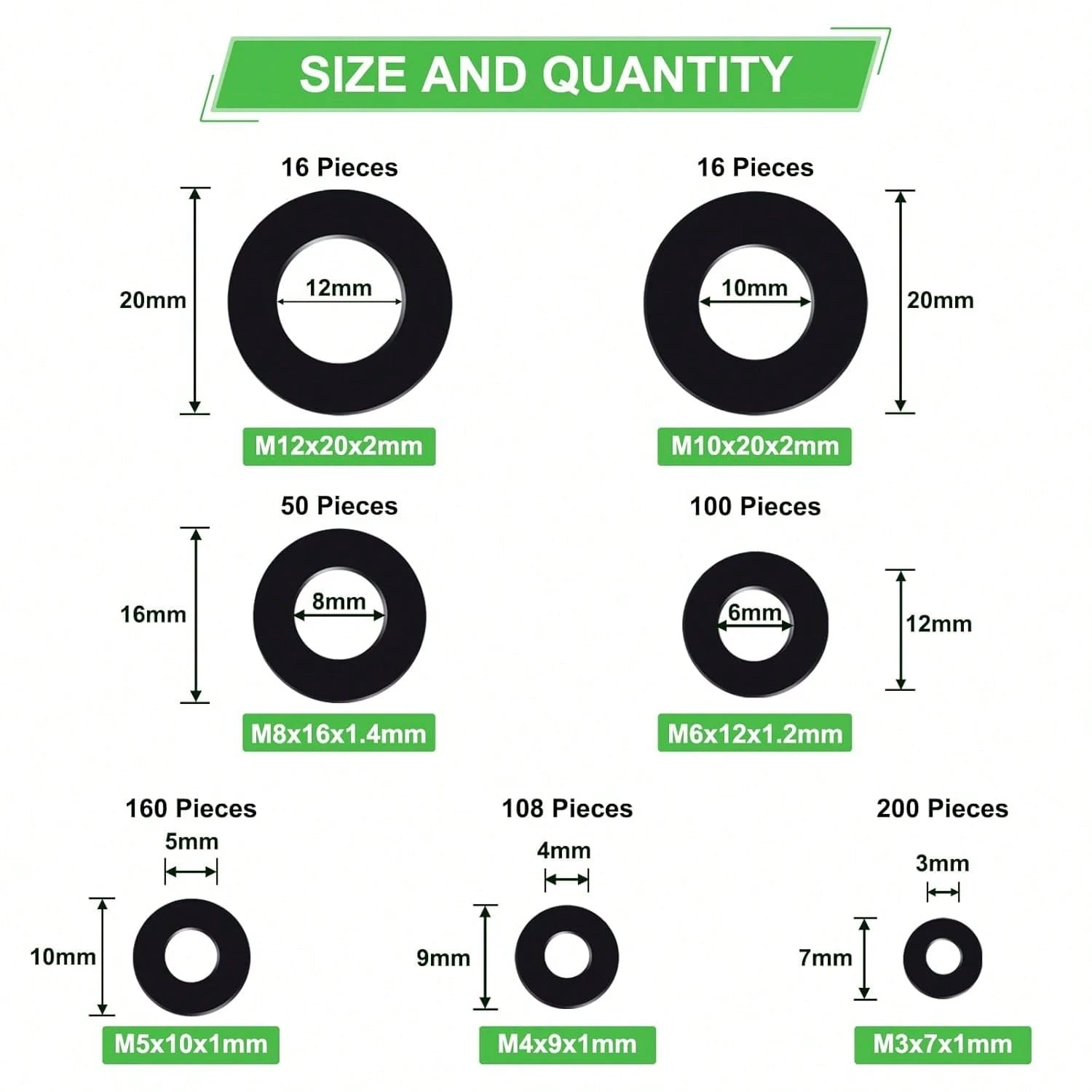650-Pieces Nylon Flat Washer For Screws Bolts, 7 Sizes Black Plastic Washers Assortment Kit (M3-M12), Assorted Screw Washers Washer Set For Household &Amp; Commercial