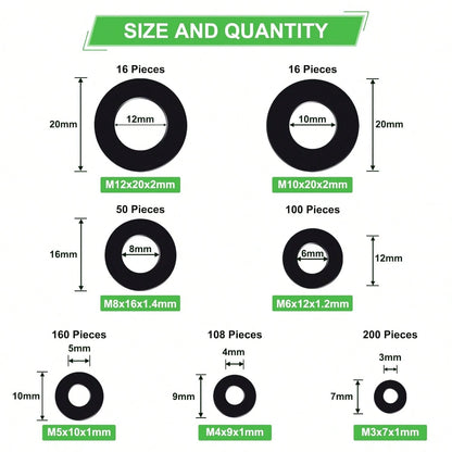 650-Pieces Nylon Flat Washer For Screws Bolts, 7 Sizes Black Plastic Washers Assortment Kit (M3-M12), Assorted Screw Washers Washer Set For Household &Amp; Commercial