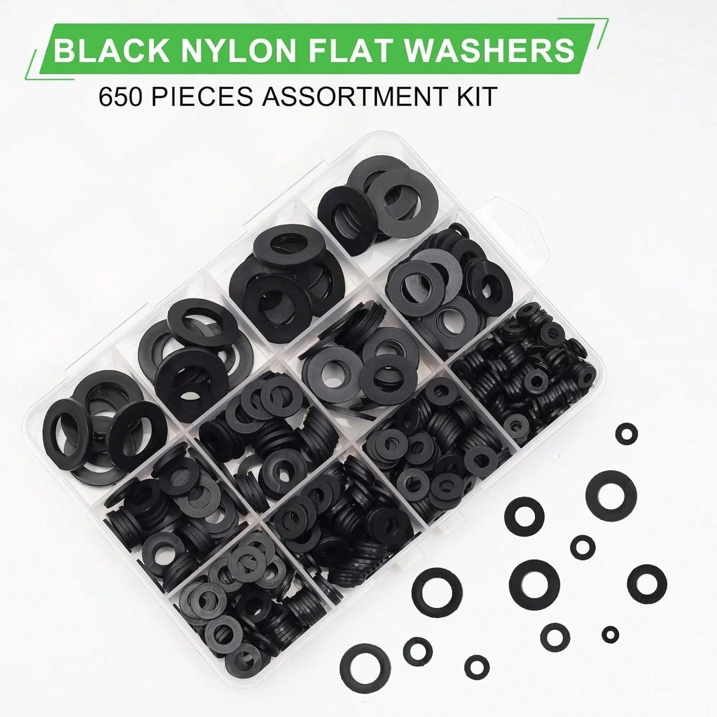 650-Pieces Nylon Flat Washer For Screws Bolts, 7 Sizes Black Plastic Washers Assortment Kit (M3-M12), Assorted Screw Washers Washer Set For Household &Amp; Commercial
