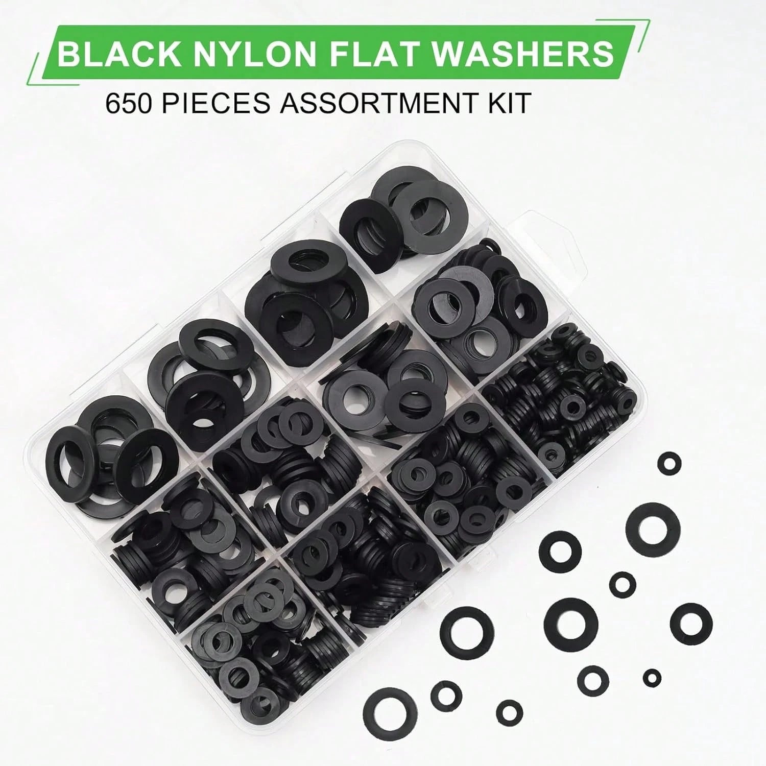 650-Pieces Nylon Flat Washer For Screws Bolts, 7 Sizes Black Plastic Washers Assortment Kit (M3-M12), Assorted Screw Washers Washer Set For Household &Amp; Commercial