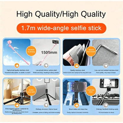 66.93inth Selfie Stick Tripod With Ring Light 360°Rotation, Wireless Bluetooth Remote. Perfect For Selfies, Videos & Live Streaming. Fits Most Phones. Lightweight & Travel-Ready, Capture Life.