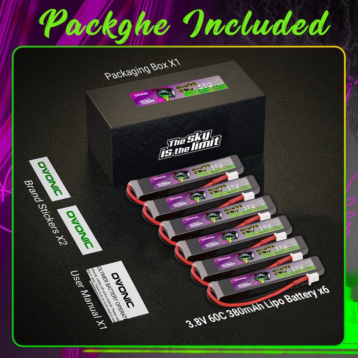 6×OVONIC Rebel 2.0 LiHV 380mAh 1S1P 3.8V 60C LiPo Battery with BT2.0 Plug for 1S Whoop