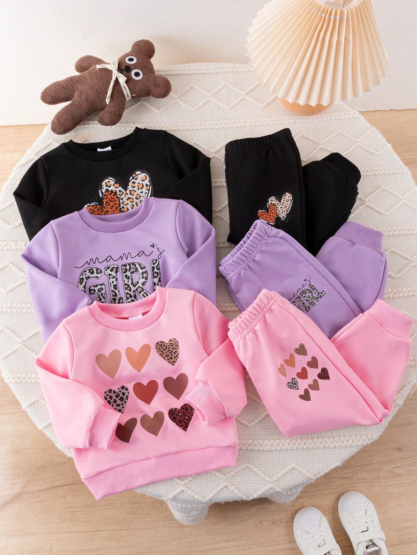6pcs Baby Girls Autumn/Winter Fashionable American Style Heart & Leopard Print Crew Neck Sweatshirt & Casual Sports Pants Set