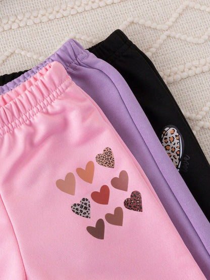 6pcs Baby Girls Autumn/Winter Fashionable American Style Heart & Leopard Print Crew Neck Sweatshirt & Casual Sports Pants Set
