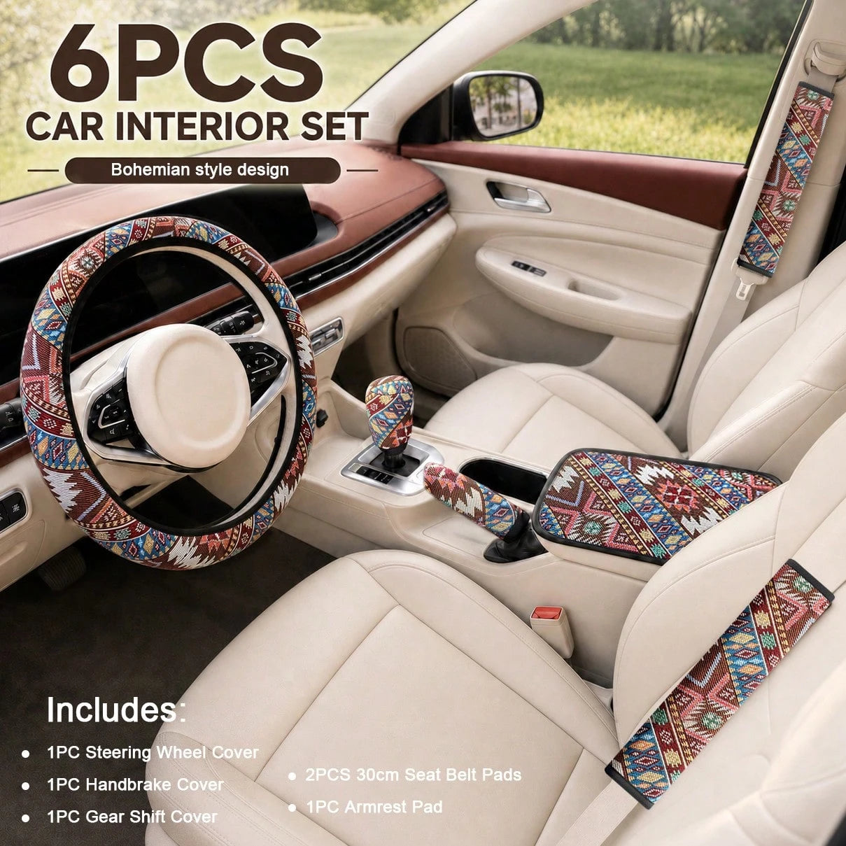6pcs Bohemian Style Linen Car Interior Set, Includes 1 Steering Wheel Cover, 1 Armrest Pad, 1 Handbrake Cover, 1 Gear Shift Cover, 2 30cm Seat Belt Shoulder Pads, Wear-Resistant Non-Slip, All-Season U
