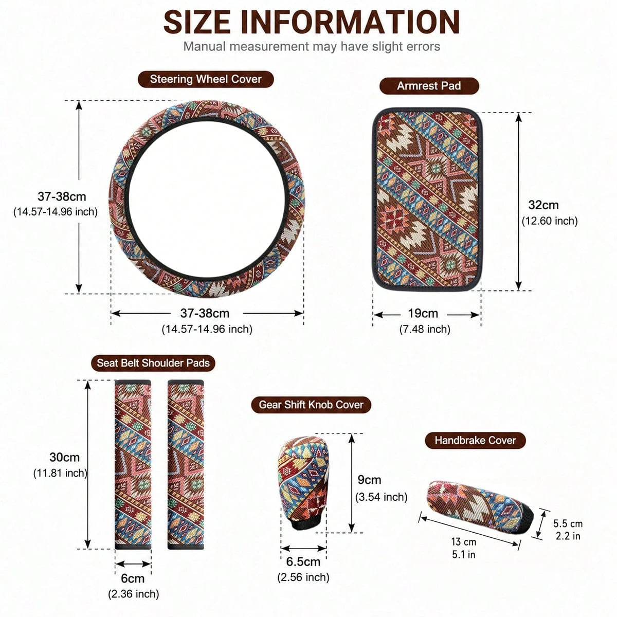 6pcs Bohemian Style Linen Car Interior Set, Includes 1 Steering Wheel Cover, 1 Armrest Pad, 1 Handbrake Cover, 1 Gear Shift Cover, 2 30cm Seat Belt Shoulder Pads, Wear-Resistant Non-Slip, All-Season U