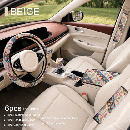 6pcs Bohemian Style Linen Car Interior Set, Includes 1 Steering Wheel Cover, 1 Armrest Pad, 1 Handbrake Cover, 1 Gear Shift Cover, 2 30cm Seat Belt Shoulder Pads, Wear-Resistant Non-Slip, All-Season U