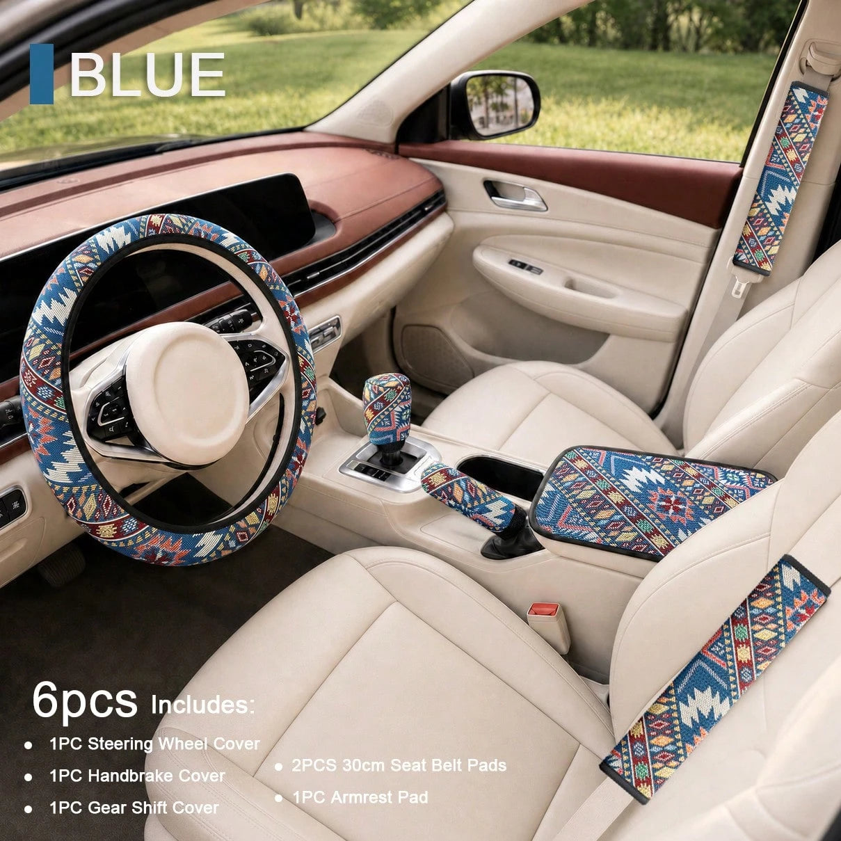 6pcs Bohemian Style Linen Car Interior Set, Includes 1 Steering Wheel Cover, 1 Armrest Pad, 1 Handbrake Cover, 1 Gear Shift Cover, 2 30cm Seat Belt Shoulder Pads, Wear-Resistant Non-Slip, All-Season U